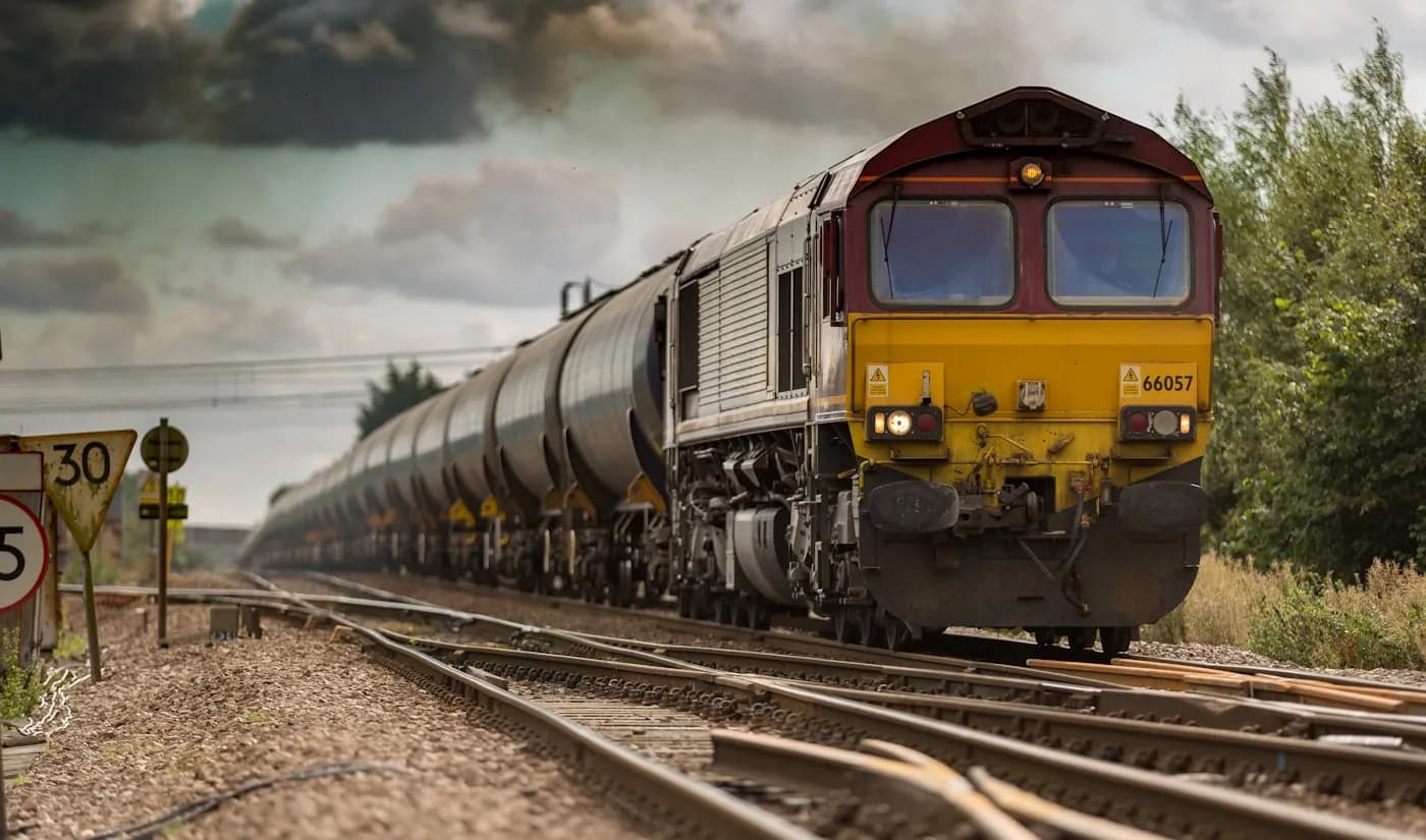Freight train transporting goods along a rail corridor